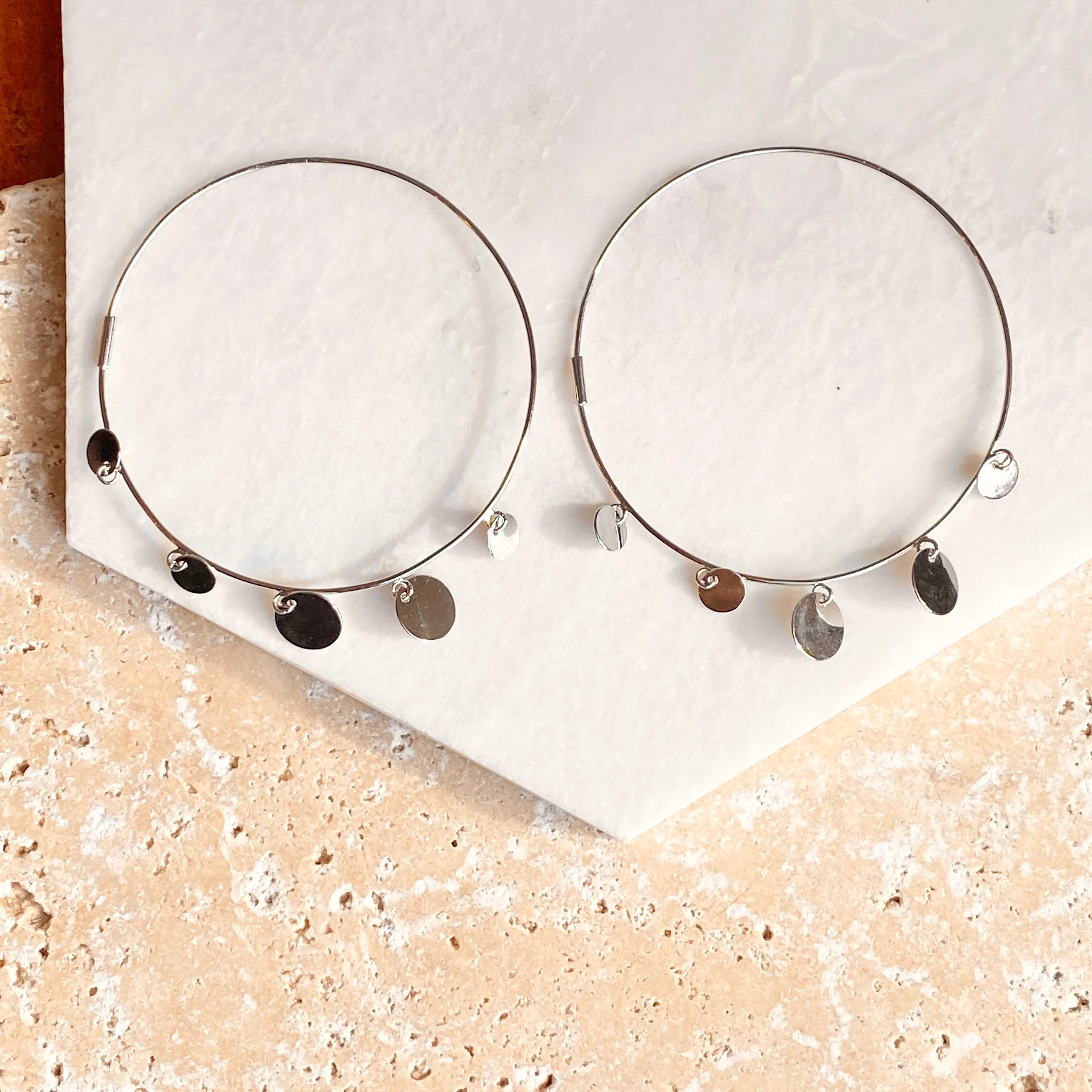 Sterling Silver Endless Hoop Earrings with Round Discs 56mm