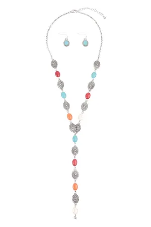 Western Concho Semi Stone Lariat Y Necklace And Earring Set Silver Burnish Multi - Pack of 6